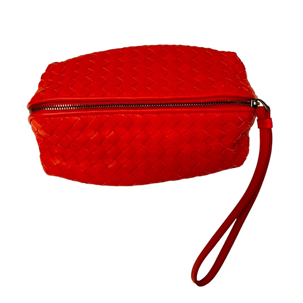 BOTTEGA VENETA vintage small red woven leather wristlet or cosmetic, EUC